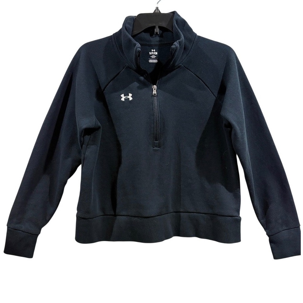 Under Armour Quarter Zip Pullover Womens Small Black Fleece Raglan Loose Fit - Picture 1 of 4
